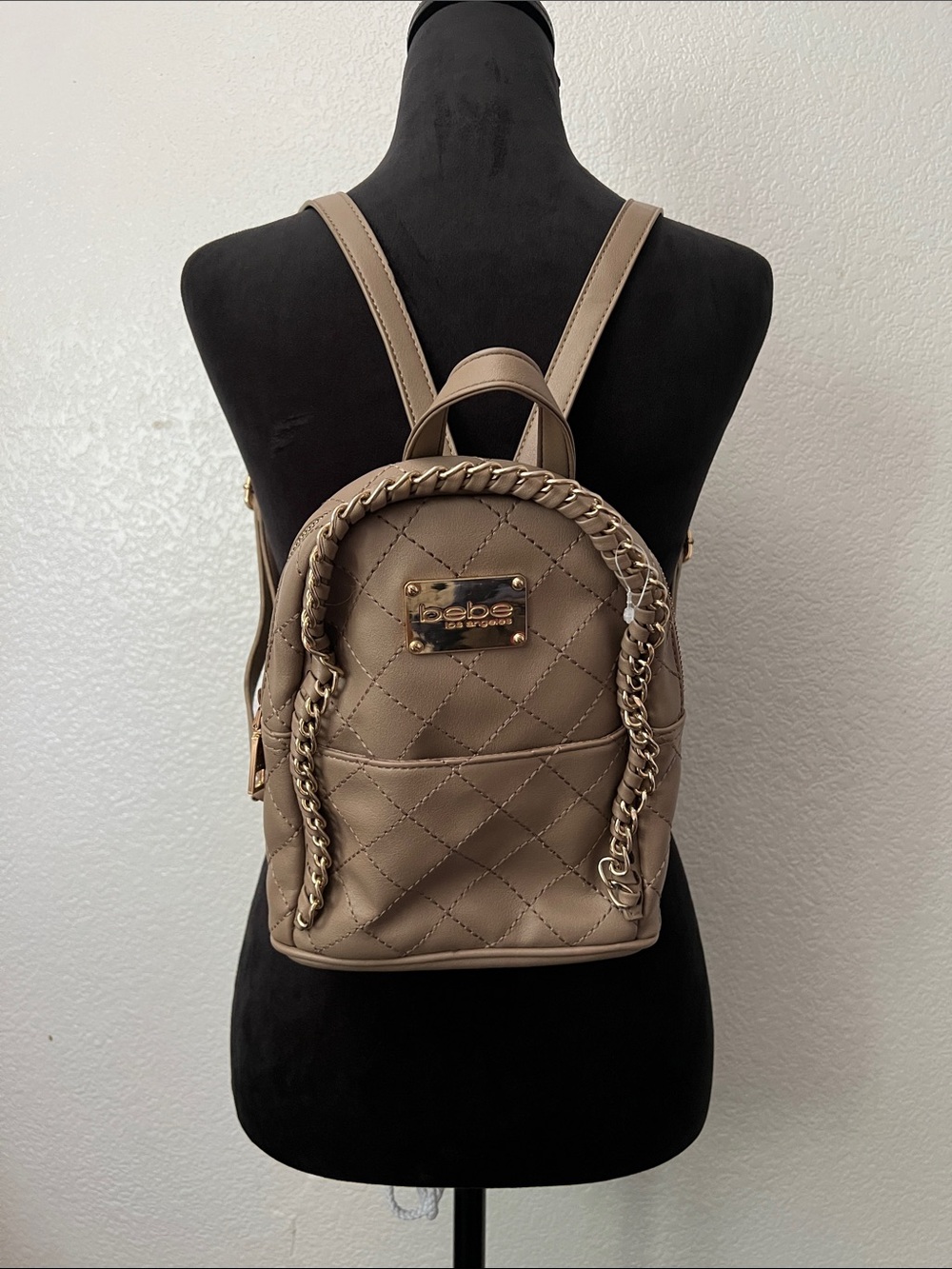 bebe Quilted Mini Backpack in Taupe with Gold Chain Detail